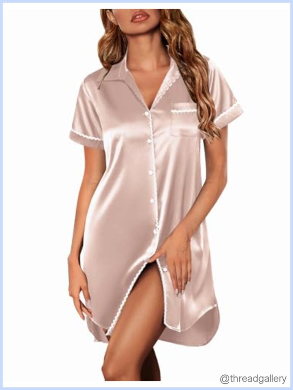 Satin Nightgown Button Down Sleepshirt Short Sleeve Boyfriend